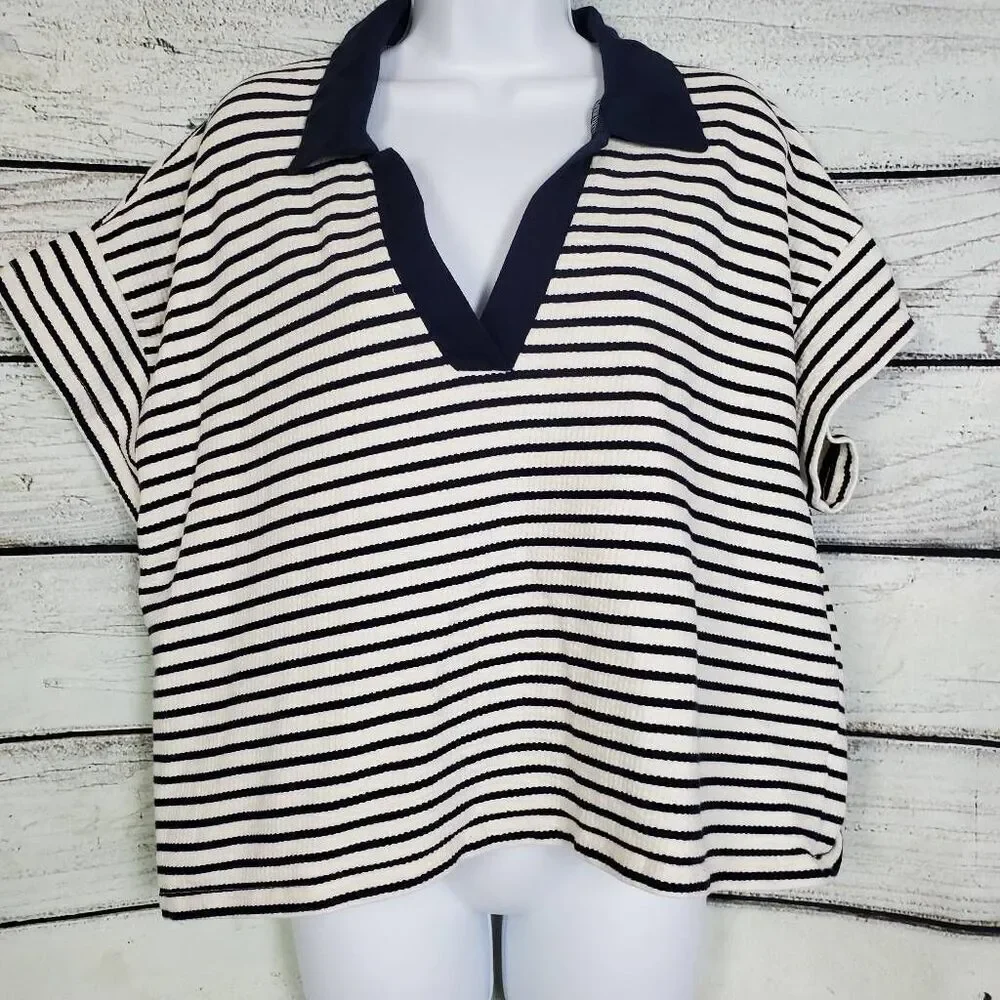 Maurices Women’s Striped Short Sleeve Polo Collar Top Navy White Size XXL